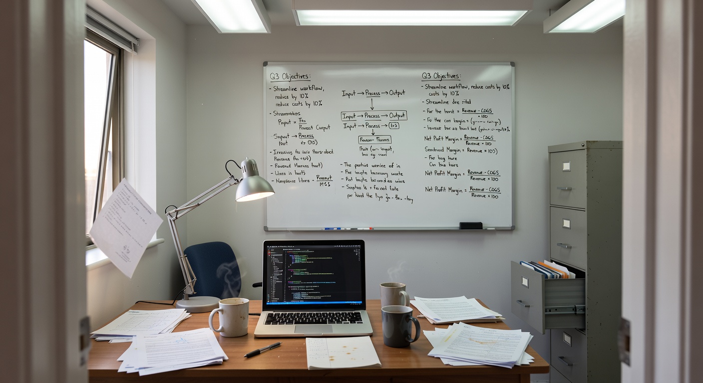 A small office desk with a laptop showing code, whiteboard with notes, and coffee mugs